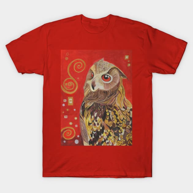 Eagle owl painting in red and gold. T-Shirt by esvb